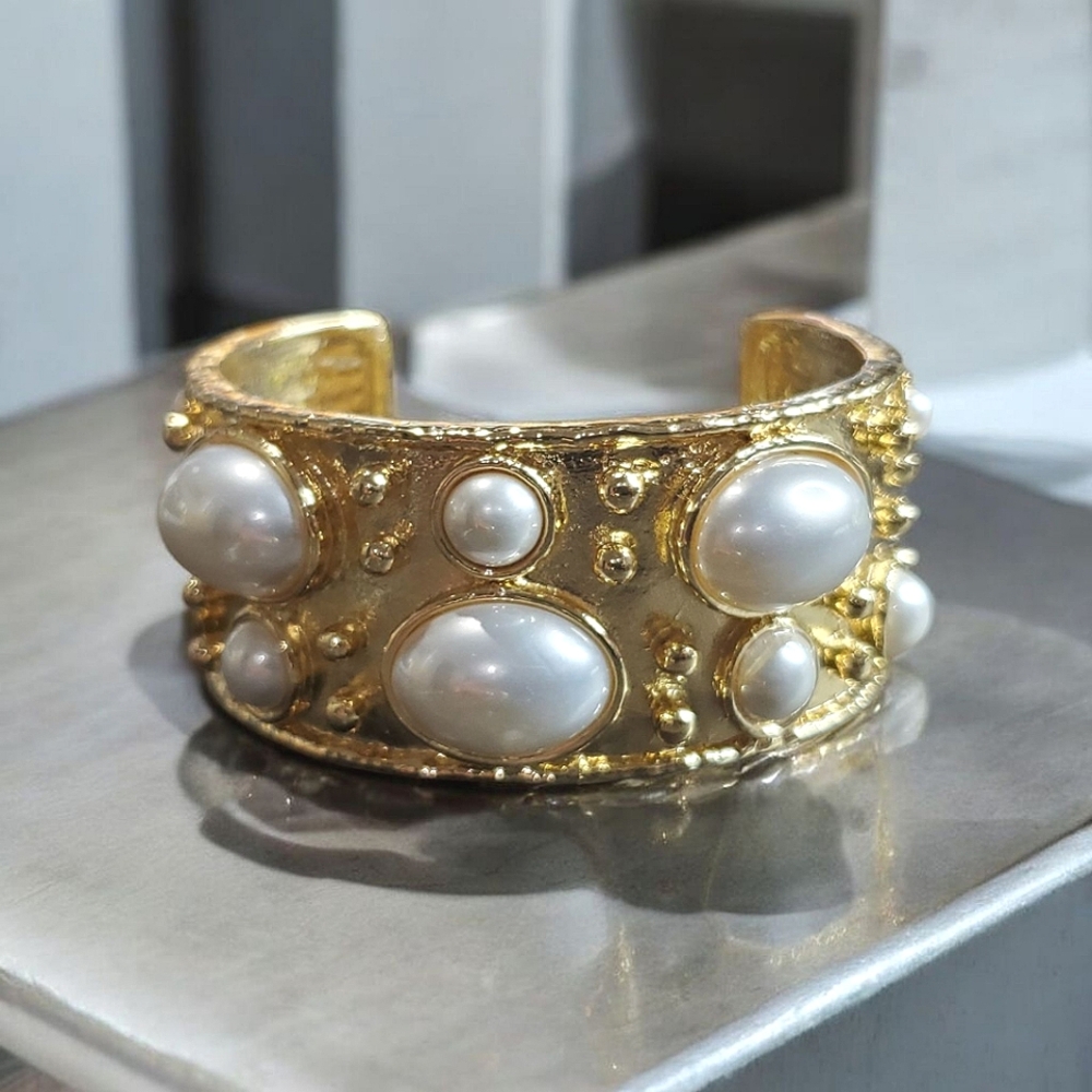 Luxury Gold Chunky Thick Wide Pearl Cabochon Cuff Bangle Bracelet